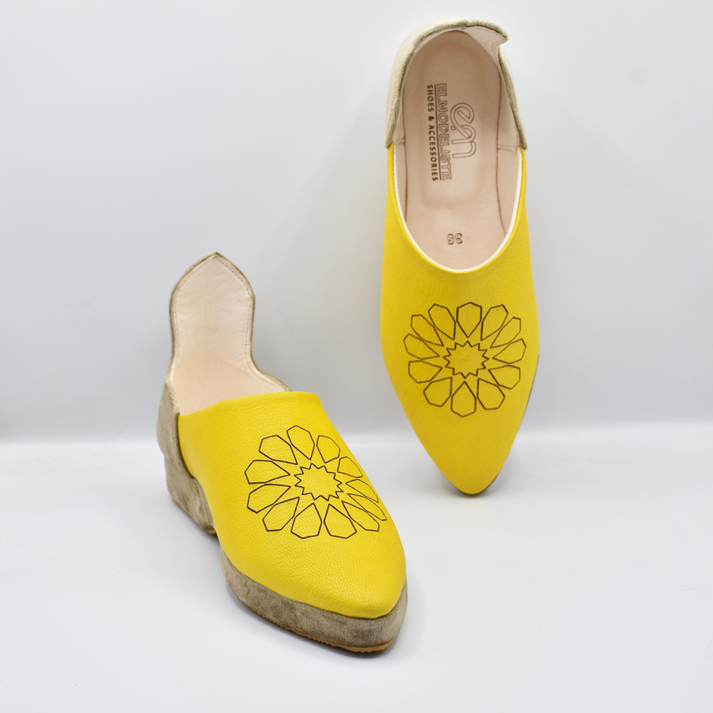 Yellow Ziwani Leather with Engraved Zellige & Beige Textile Platform