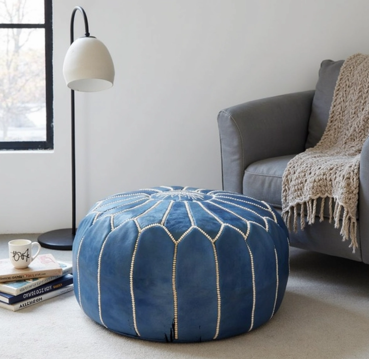 Round Moroccan Leather Pouf Blue – Handcrafted Footstool