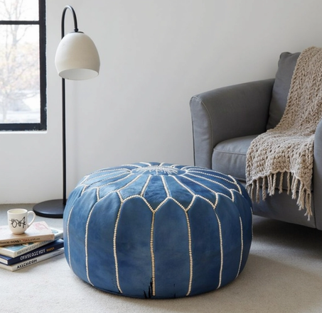 Round Moroccan Leather Pouf Blue – Handcrafted Footstool