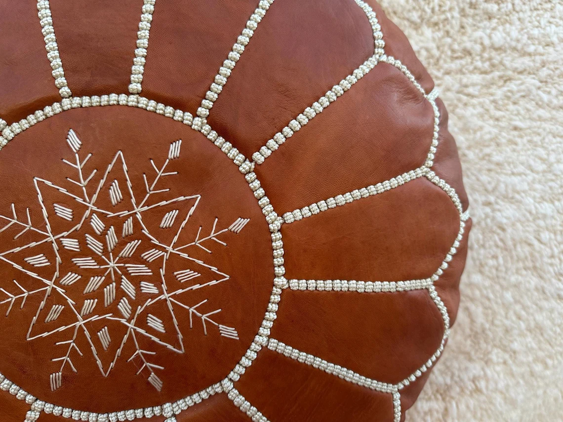 Handcrafted Genuine Tan Leather Pouf Starmia