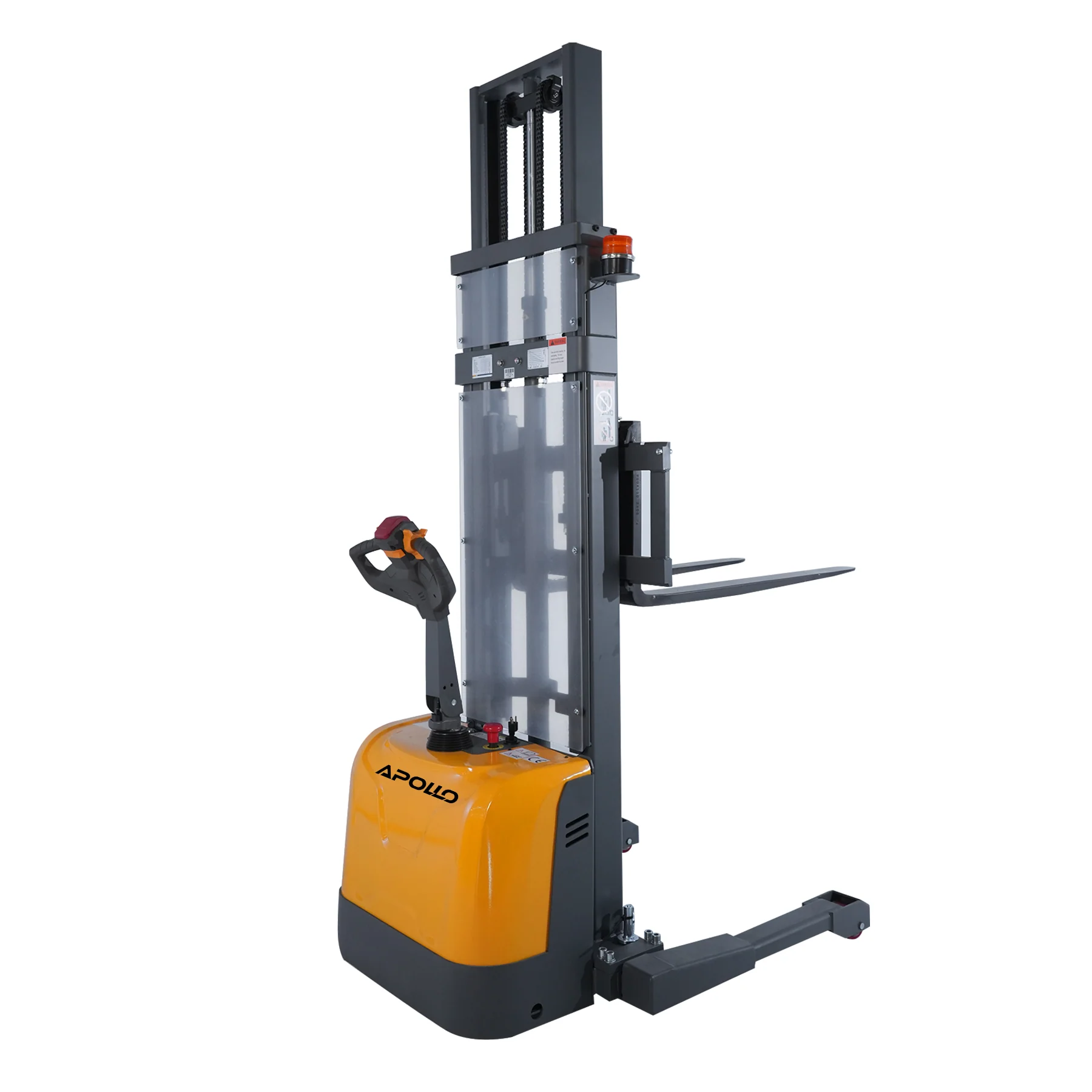 Full Electric Straddle Stacker| 3300 lb| Lowered Ht. 2.8 in| Mast Ht. 84.4 in| 118 in Lifting| Fork Size 42 x 7.8-31.5"| Wt. 1477 lb| Apollo Forklift A-3047