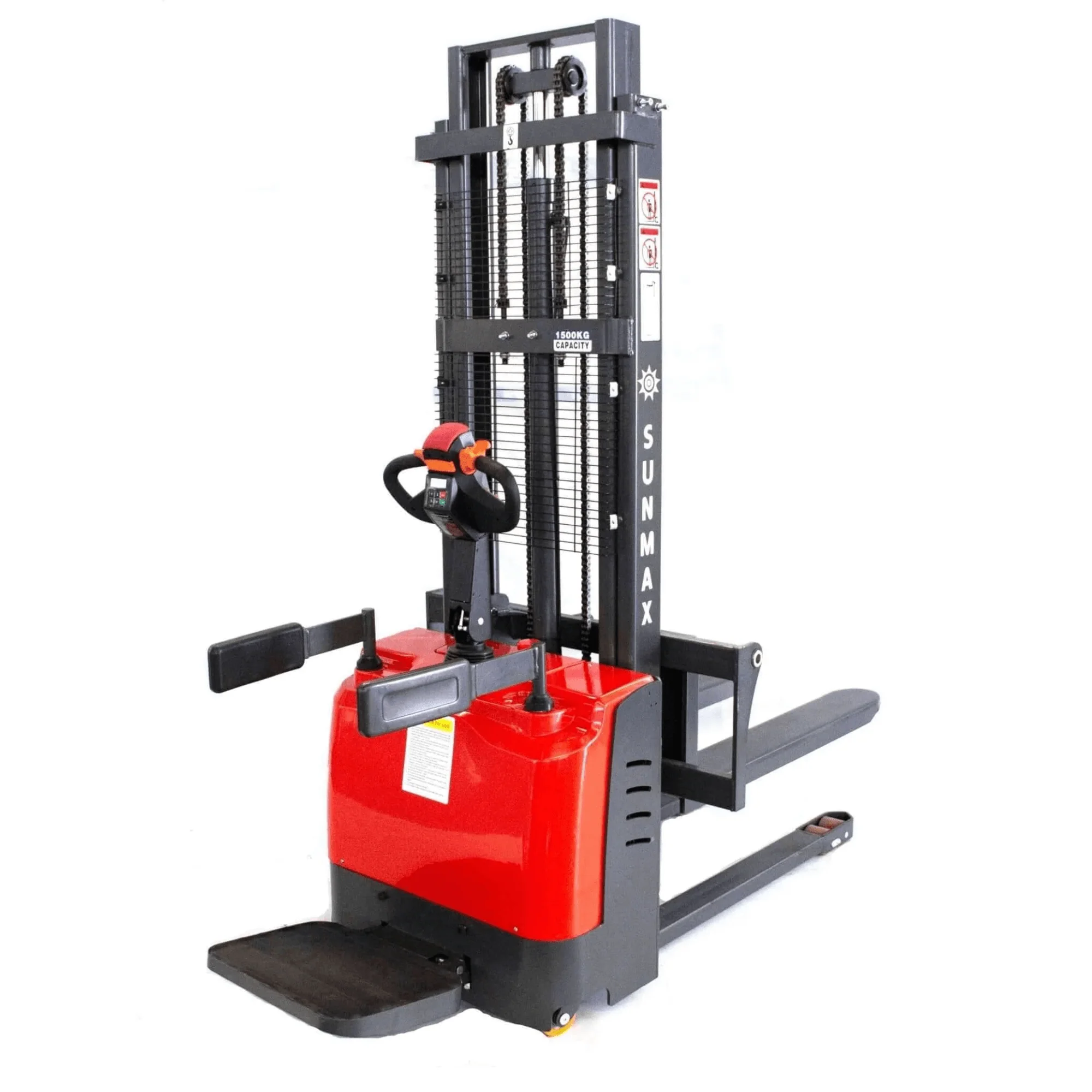 SUNMAX PS3300FE-3M Electric Pallet Stacker, 3300 lbs Capacity, 118″ Lifting Height, Work with Open-bottom Pallets