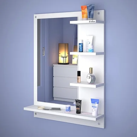 مرآة حائط يدوية الصنع مع رفوف خشبية