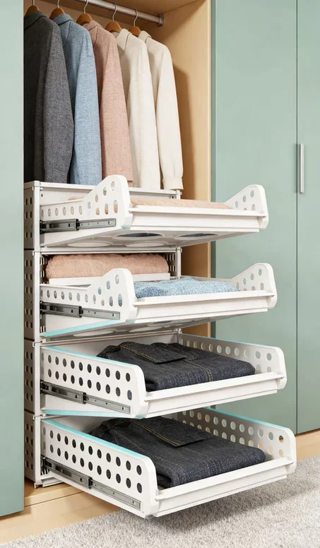 أدراج منظمة خزانة قابلة للتركيب والطي - أطباق تخزين لتوفير المساحة للتي شيرت والبنطلونات والجينز (5 قطع، حجم كبير)