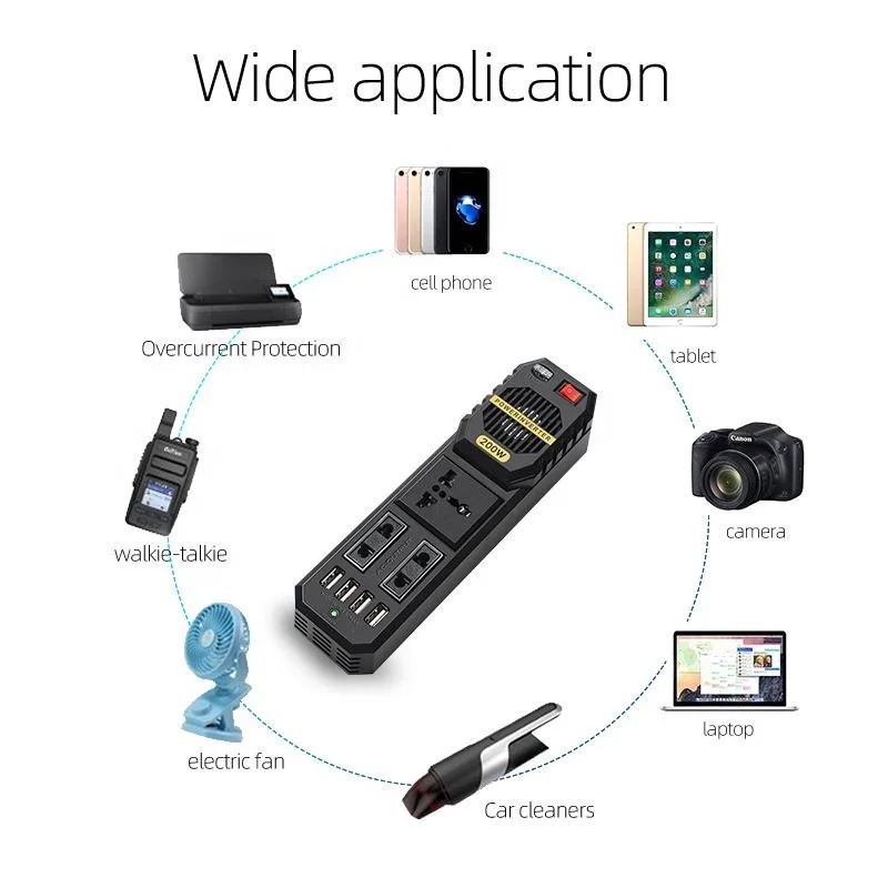 محول طاقة السيارة  من DC 12V إلى AC 220V بقدرة 200 واط مع 4 منافذ USB – E8981 – أسود