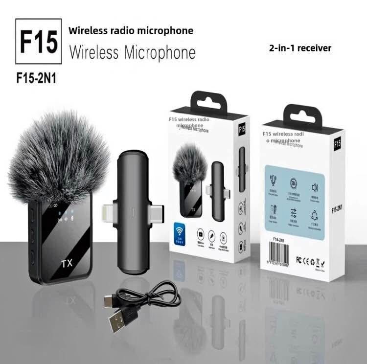 ميكروفون 2 في 1 لاسلكي F15 بمنفذ USB-C وLightning للهاتف أندرويد وآيفون - Microphone sans fil 2 en 1 F15 avec connecteurs USB-C et Lightning pour téléphones Android et iPhone, idéal pour les