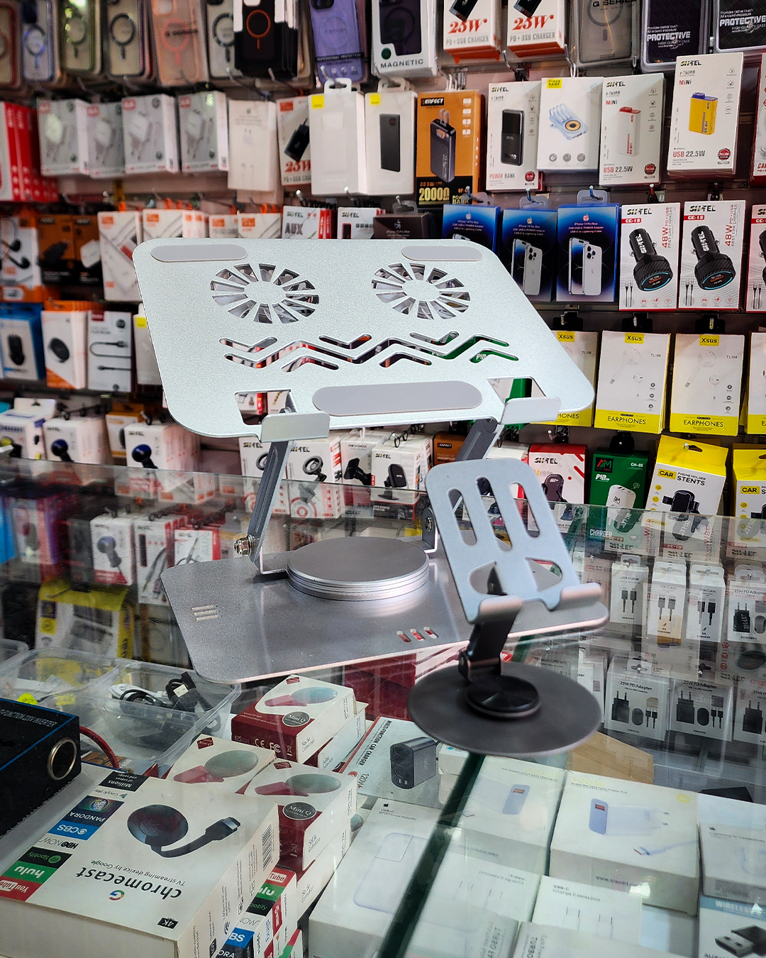 حامل لابتوب متين بدوران 360° + مروحة تبريد - Support d’ordinateur portable robuste avec rotation à 360° + ventilateur de refroidissement