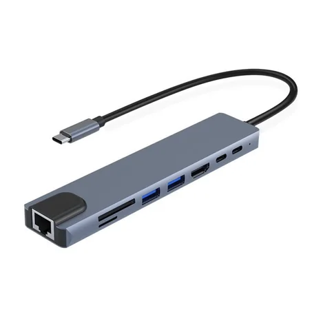 Hub USB-C 8 en 1 مع HDMI 4K + RJ45 + USB + SD/TF + PD