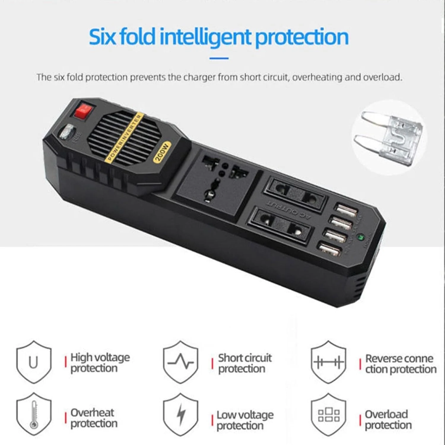 محول طاقة السيارة  من DC 12V إلى AC 220V بقدرة 200 واط مع 4 منافذ USB – E8981 – أسود