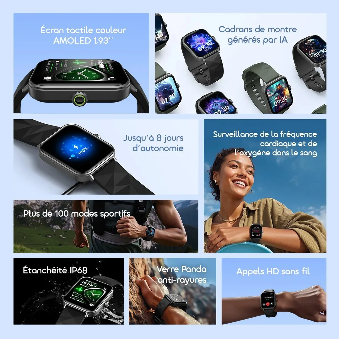 oraimo Watch Nova 2 Lite Montre connectée avec écran tactile couleur AMOLED de 1,93 pouces