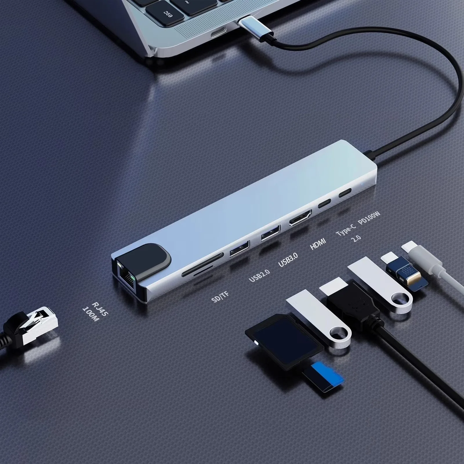 Hub USB-C 8 en 1 مع HDMI 4K + RJ45 + USB + SD/TF + PD