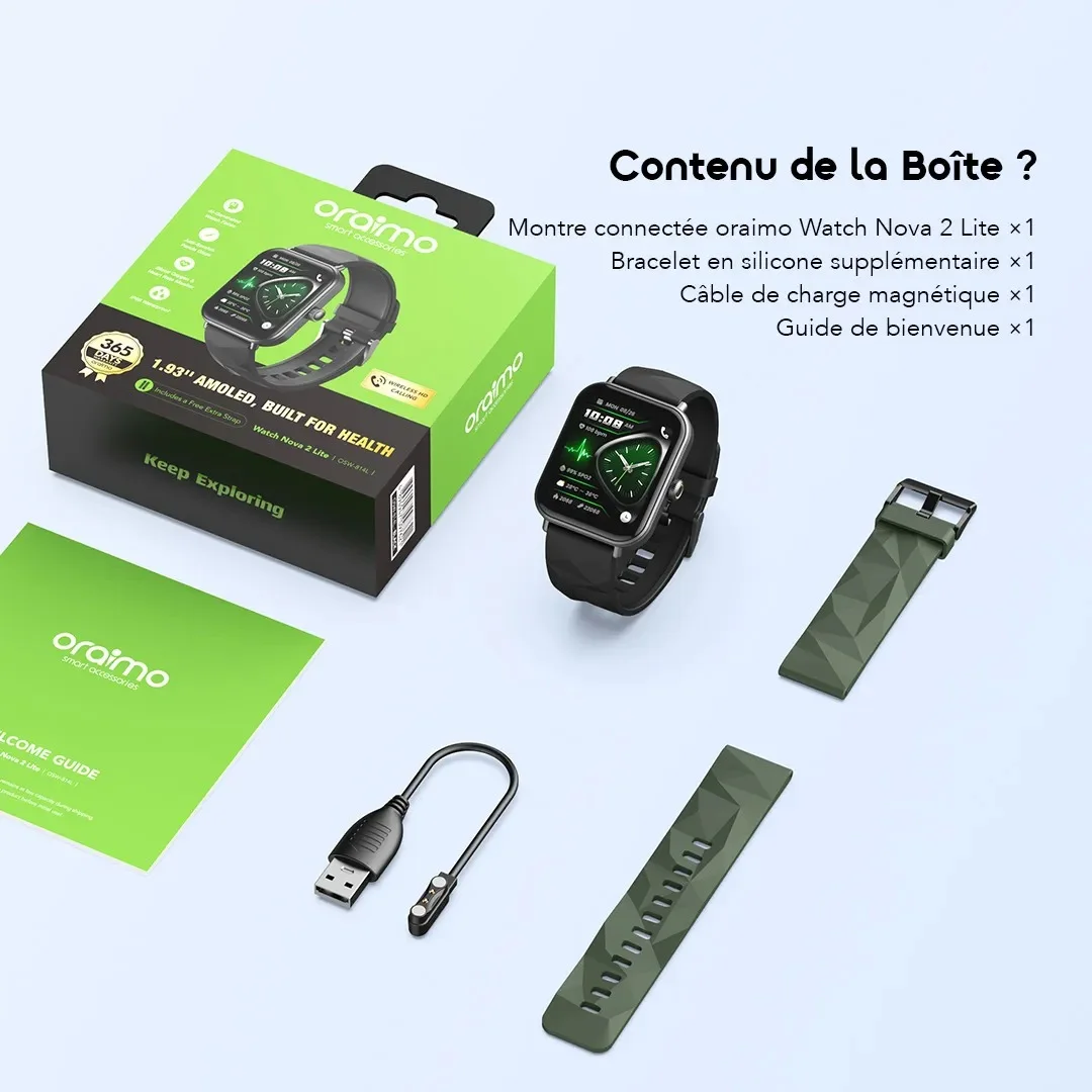 oraimo Watch Nova 2 Lite Montre connectée avec écran tactile couleur AMOLED de 1,93 pouces