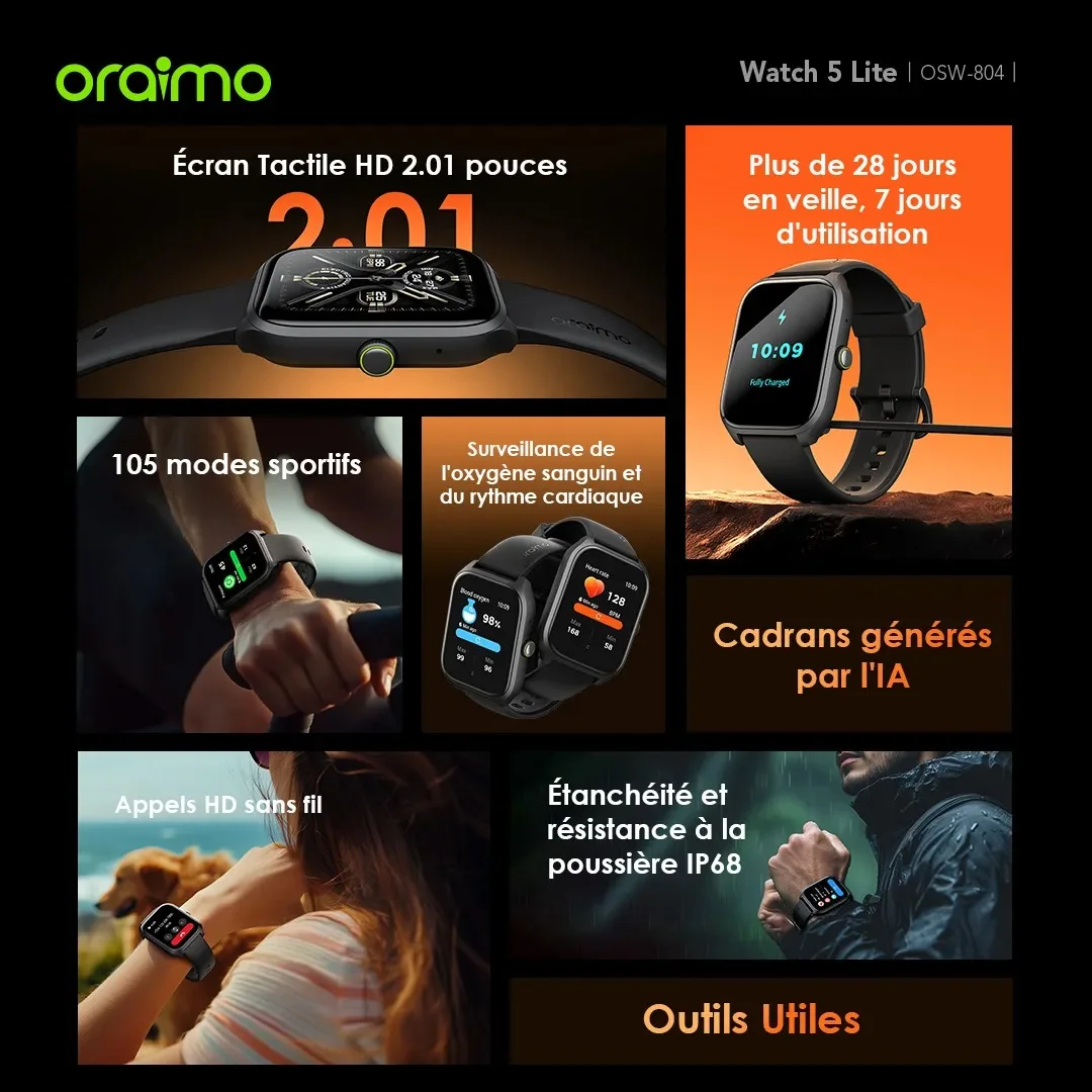 oraimo Watch 5 Lite Montre intelligente IP68 HD 2,01 pouces