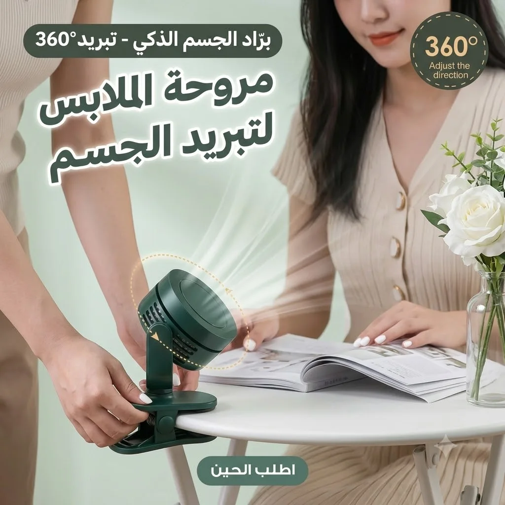 مروحة التنقلات والسفر بمشبك مزدوج للتثبيت بالملابس والمكاتب والسيارة لتبريد فوري