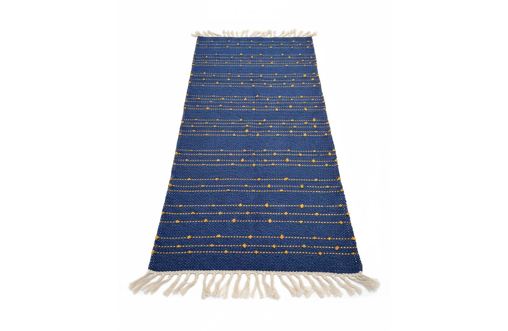 Tapis en laine bleu réversible – Pompons & Rayures