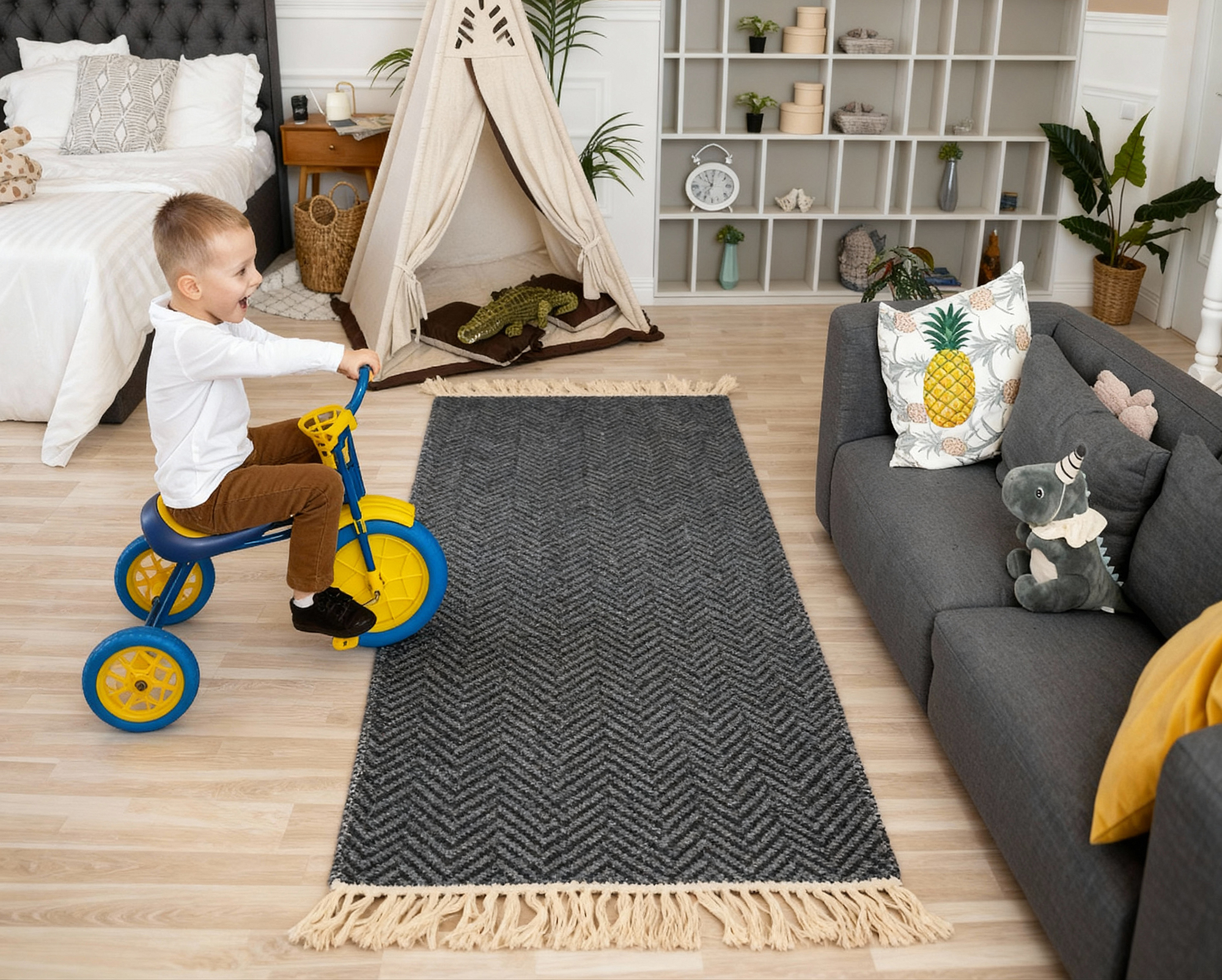 Descente de lit chevron en laine  Beige / Gris