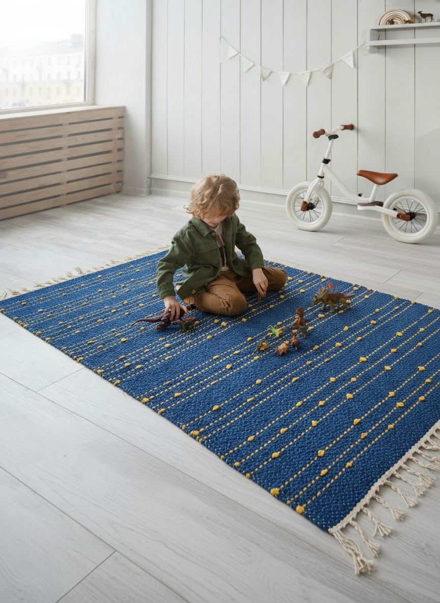 Tapis en laine bleu réversible – Pompons & Rayures