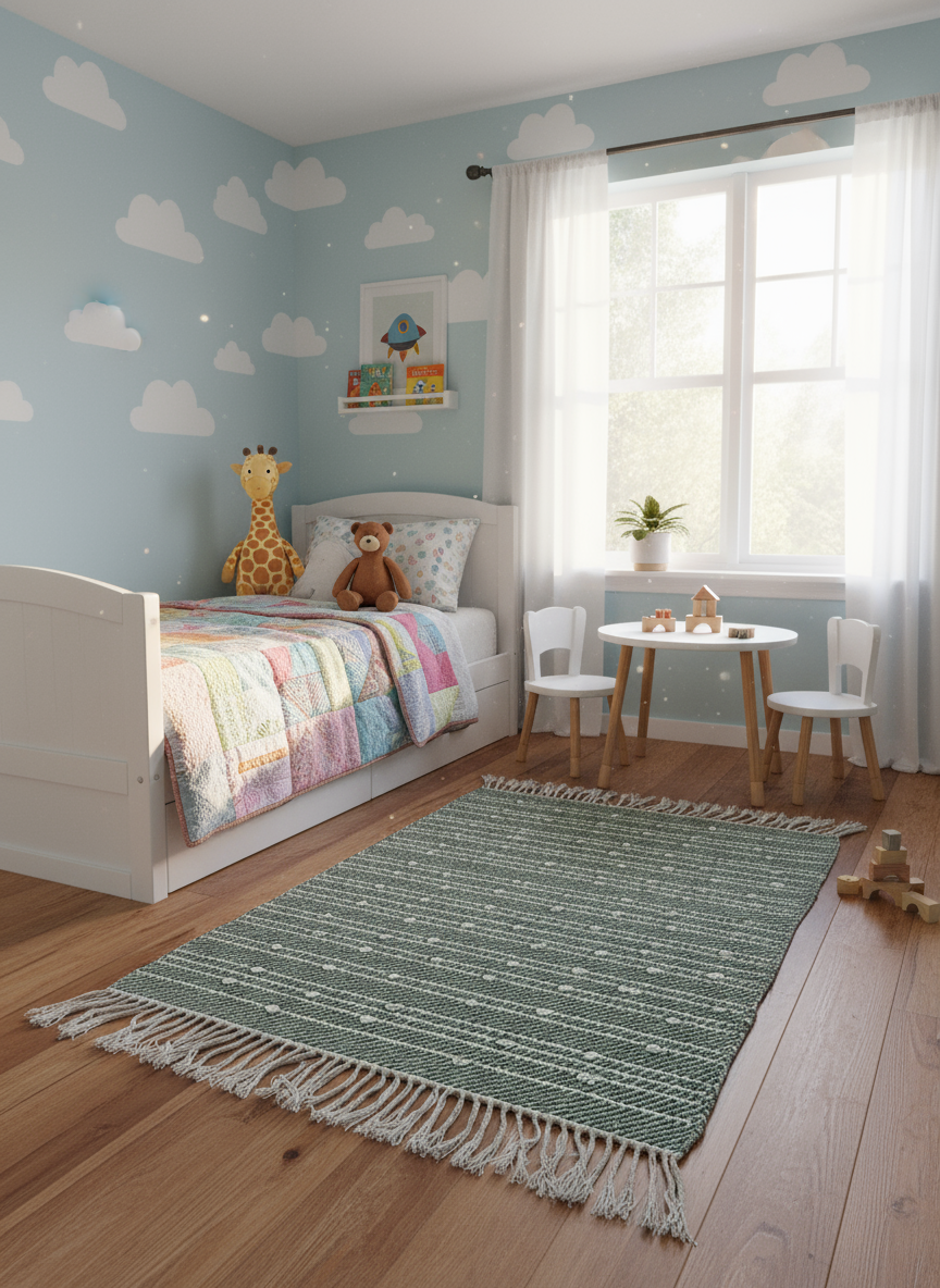 Descente de lit vert pastel / Pompon blanc