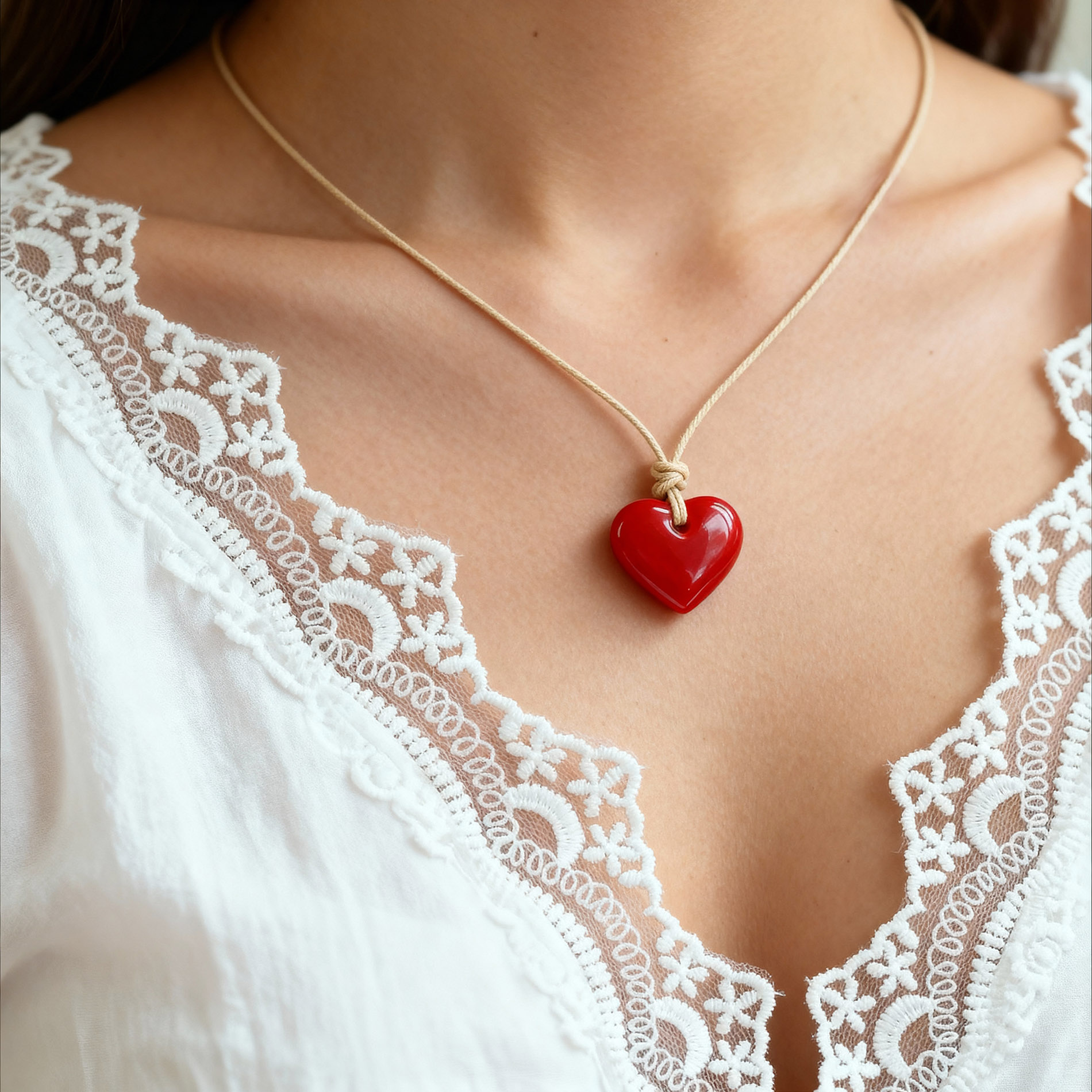 Collier coeur rouge en céramique