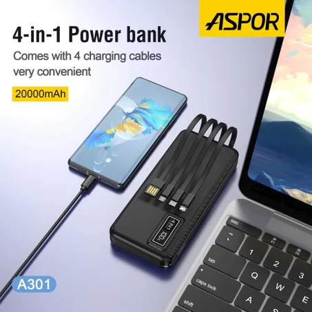 Aspor 4 dans 1 Banque d'alimentation 20000mAh Câbles intégrés Portable Charge rapide Station d'alimentation Chargeur de batterie externe