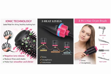 Electric 3 in 1 Hot Air Brush, Professional Hair Straightener Hair Curler Hair Blower Brush, Hair Dryer and Styler Volumizer Comb, Ceramic Coated Hair Curler Straightener Dryer Rotating Brush