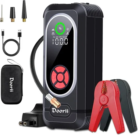 4-in-1 Emergency Car Jump Starter-جهاز تشغيل السيارة 4 في 1 (تشغيل – باور بانك – كمبروسر – إضاءة LED)