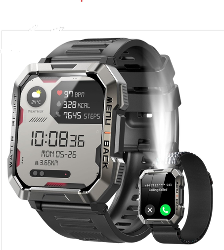 ساعة ذكية عسكرية من IOWODO للرجال (للرد على المكالمات وإجراء المكالمات)، ساعة ذكية 2.01 بوصة لأجهزة Android وiPhone، متتبع اللياقة البدنية مع مصباح يدوي/بوصلة/بطارية 100 يوم/معدل ضربات القلب/