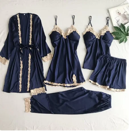 طقم بيجامات نسائية من الحرير الساتان ، ملابس نوم مثيرة ، ملابس نوم دانتيل ، ملابس منزلية للنوم ، 5 روض