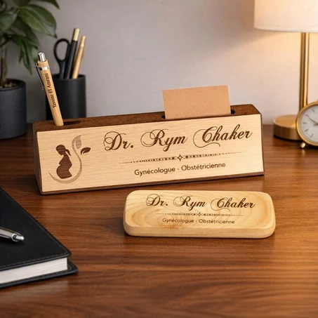 Boîte stylo & Plaque signalétique en bois