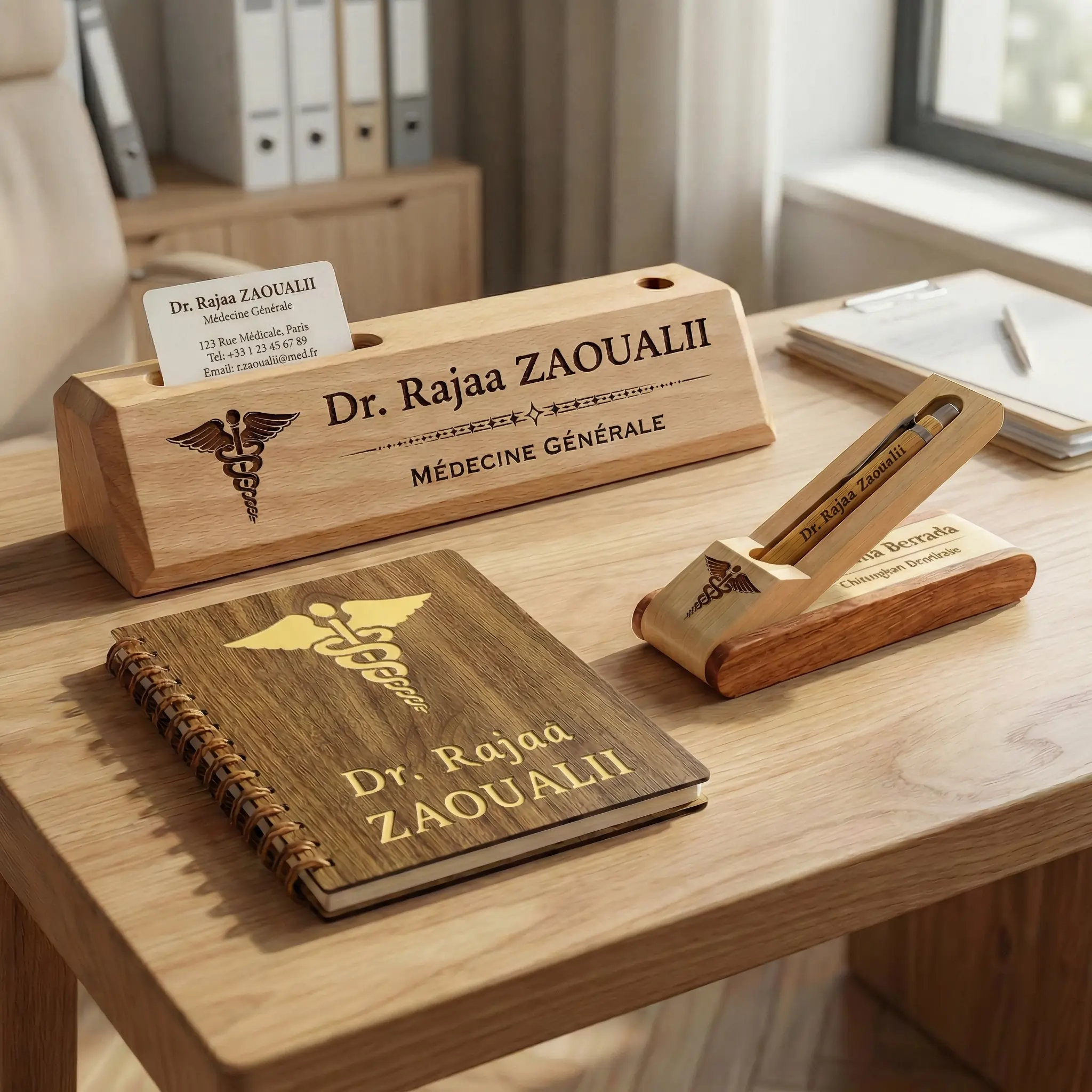 Pack d'accessoires de bureau en bois personnalisé