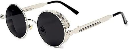 Gafas de sol de estilo clásico | AMAZING EGP | Redondas negras con patillas de resorte de metal y lentes de espejo de colores