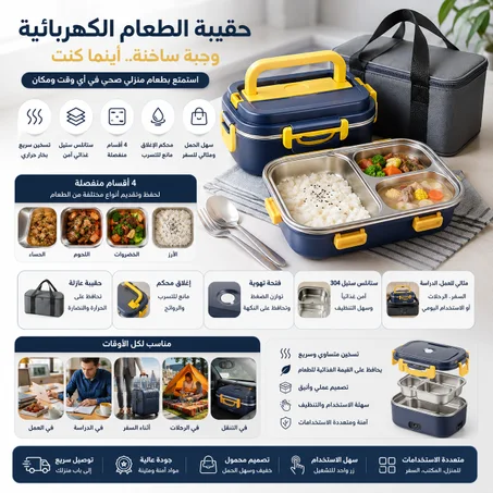 حقيبة الطعام الكهربائية المحمولة 4 في 1 – من الستانلس ستيل الصحي مع حقيبة عازلة للحرارة