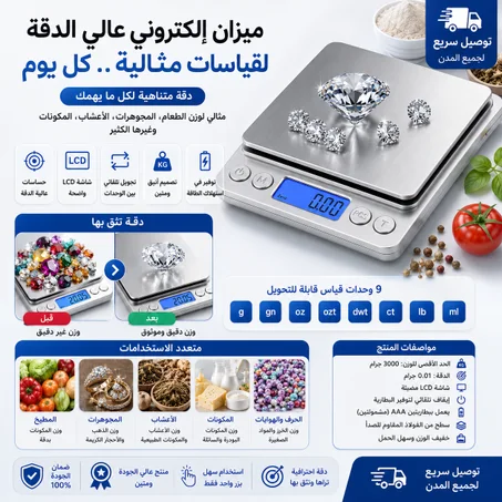 ميزان إلكتروني رقمي عالي الدقة (وزن حتى 3000 جرام) مع شاشة LCD مضيئة