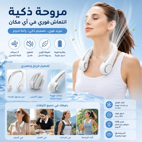 مروحة الرقبة الذكية والمحمولة – تبريد فوري 360 درجة بدون يدين! 💨