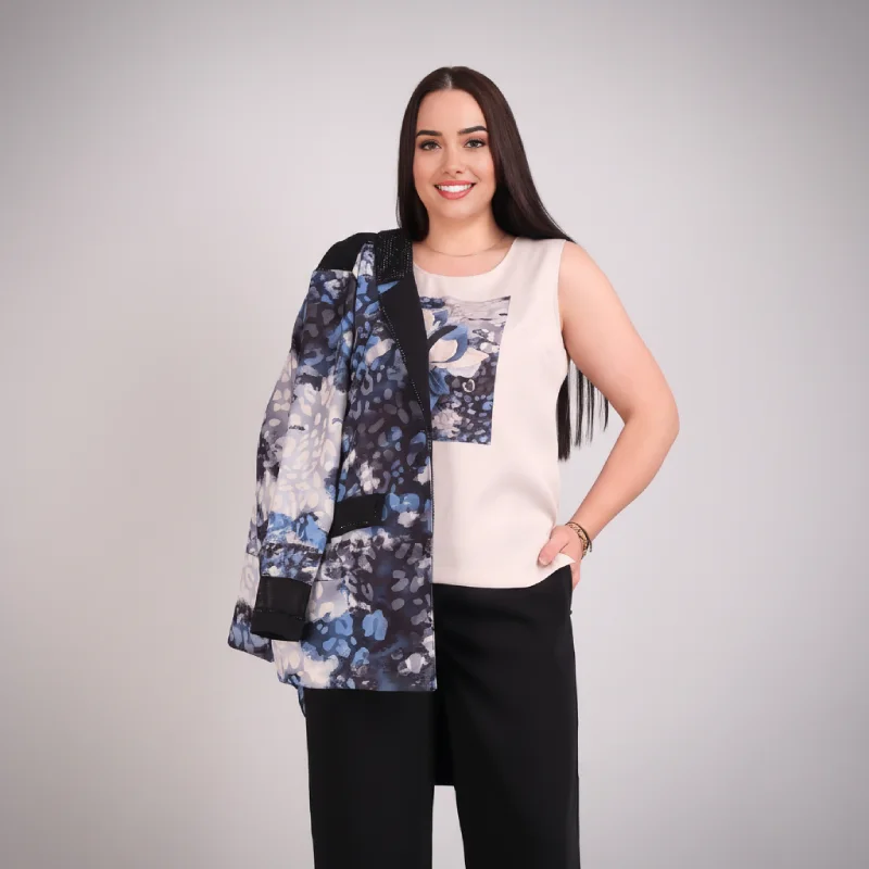 Ensemble 3 Pièces Veste Imprimée Bleue Grande Taille