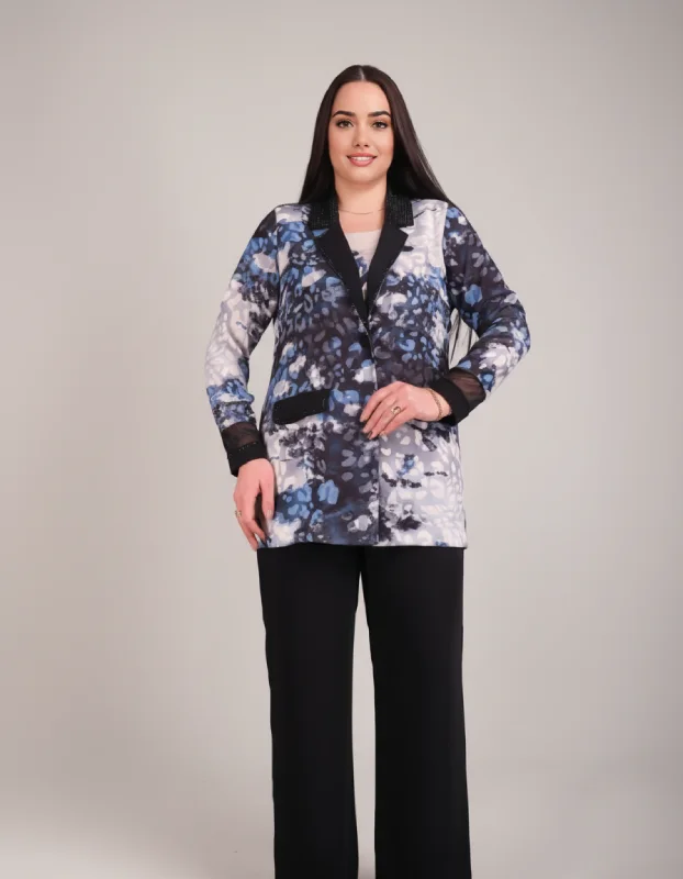 Ensemble 3 Pièces Veste Imprimée Bleue Grande Taille