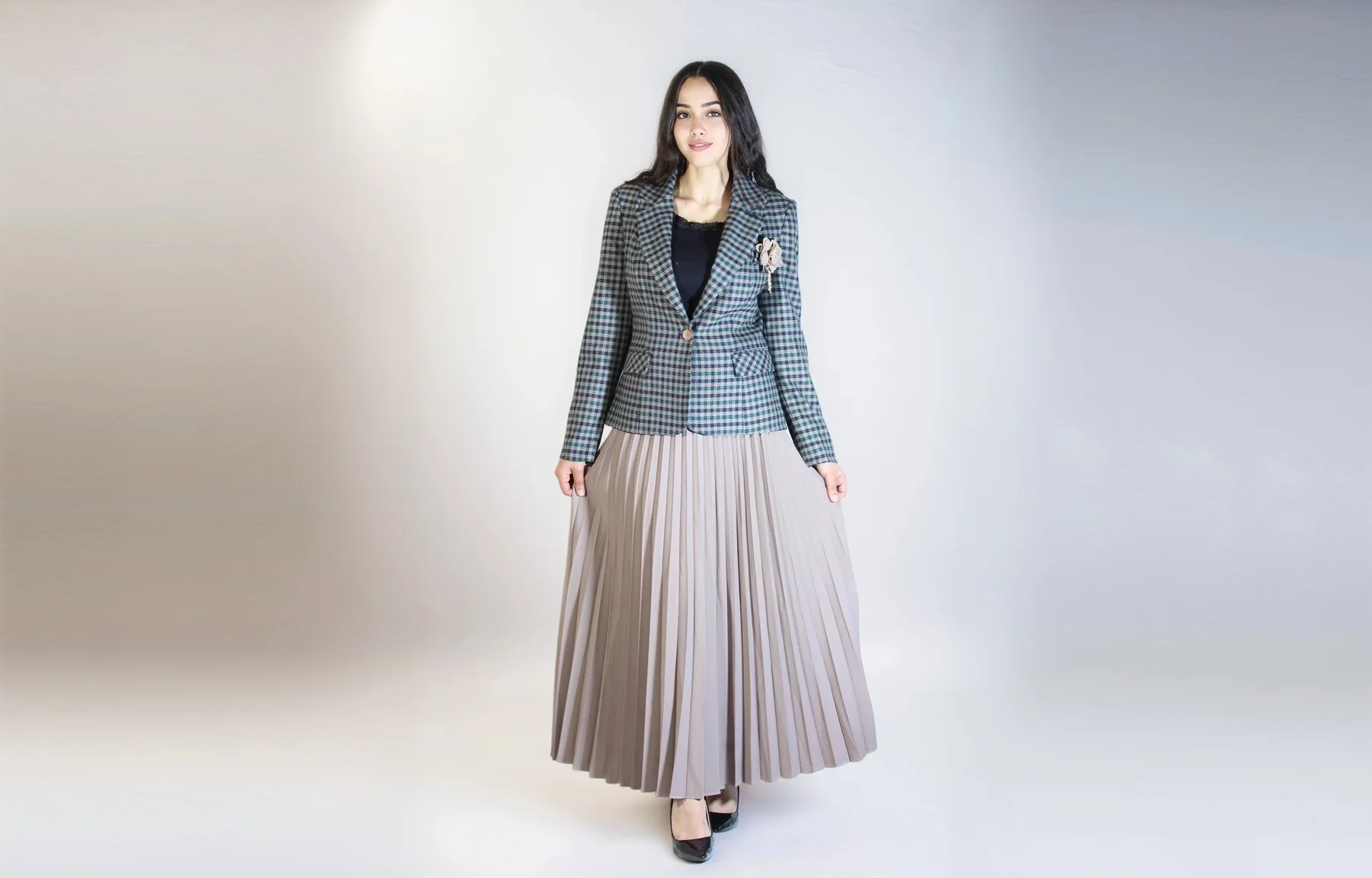 Ensemble - Blazer Carreaux Bleu Canard Jupe Plissée Taupe