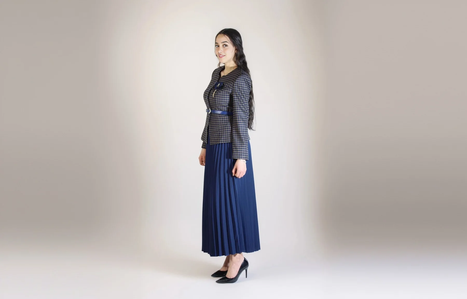 Ensemble - Veste Pied-de-Poule Jupe Plissée Marine