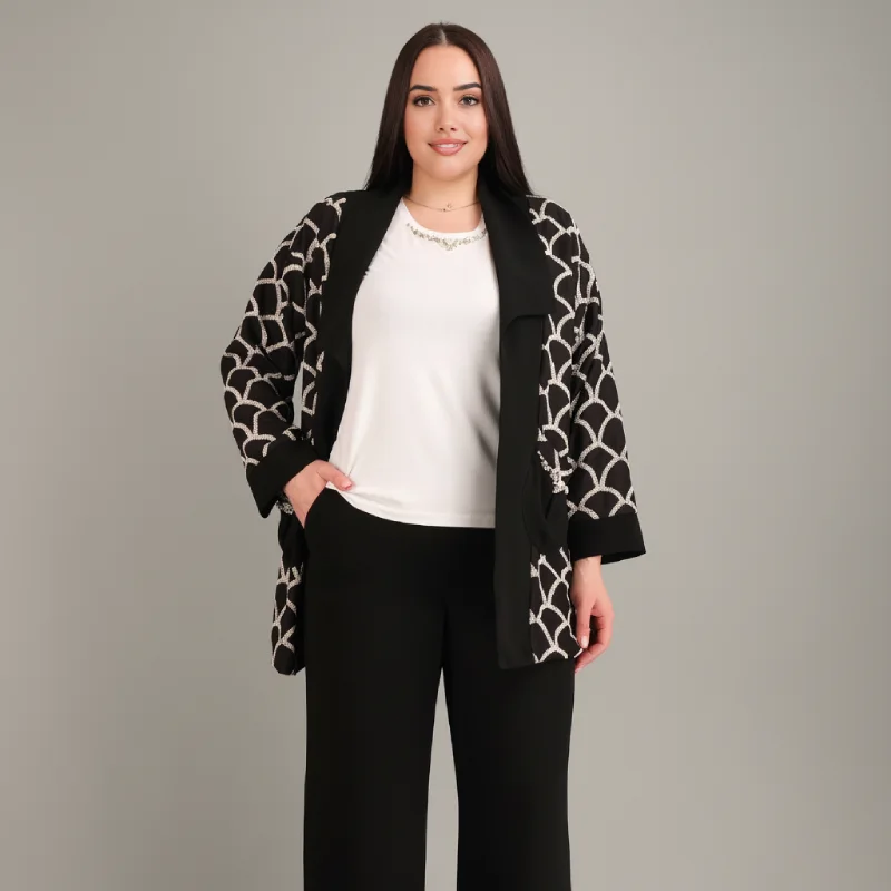 Ensemble Kimono Écailles Rose Corail et Pantalon Palazzo Noir