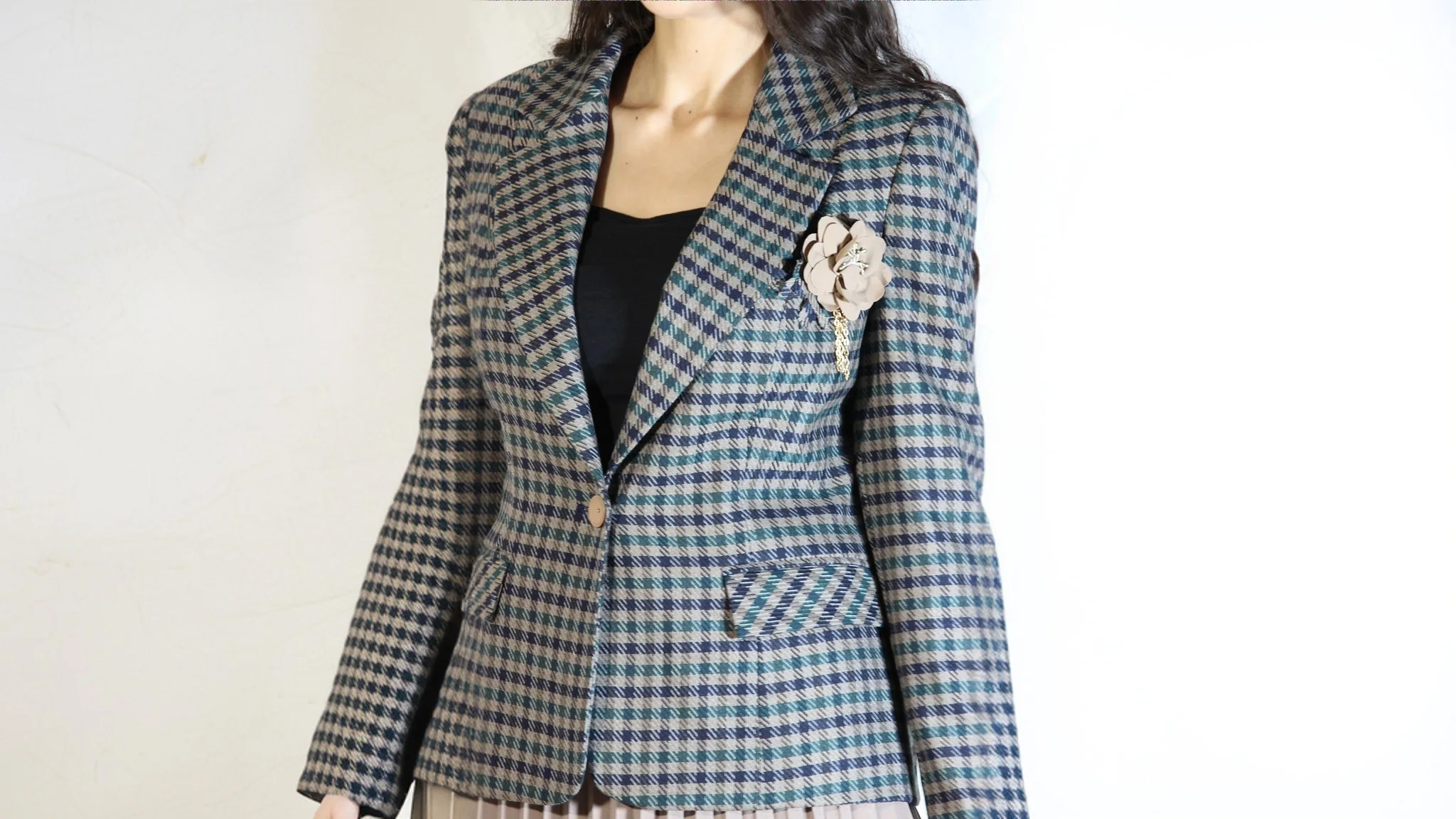 Ensemble - Blazer Carreaux Bleu Canard Jupe Plissée Taupe