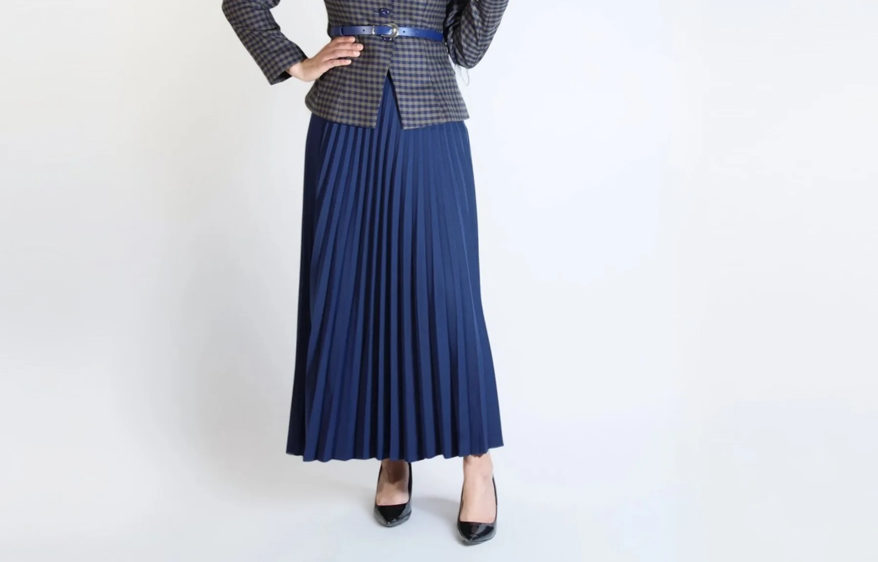 Ensemble - Veste Pied-de-Poule Jupe Plissée Marine