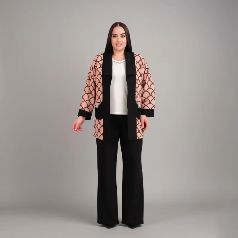 Ensemble Kimono Écailles Rose Corail et Pantalon Palazzo Noir