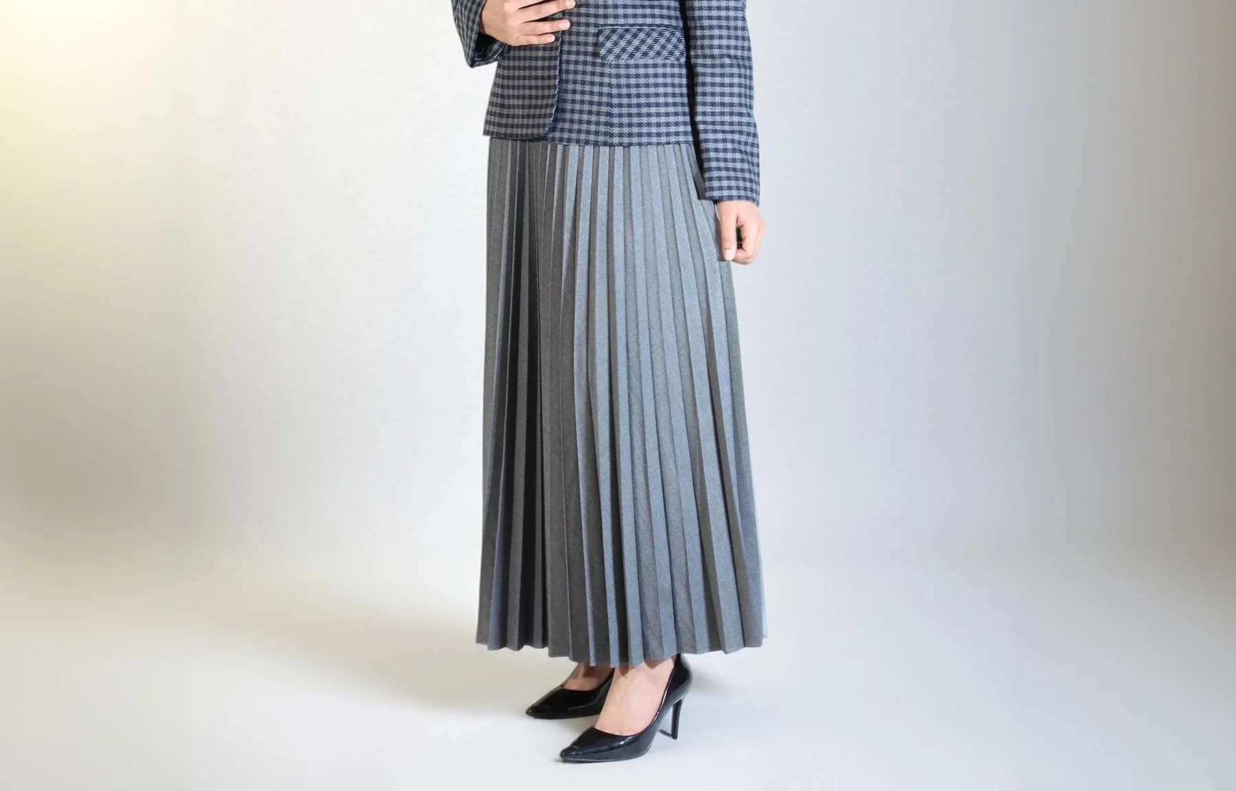 Ensemble - Blazer Carreaux Gris Marine Jupe Plissée Grise