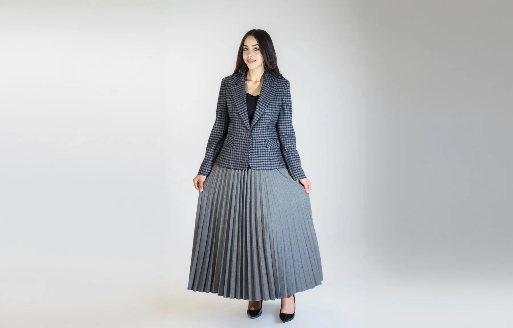 Ensemble - Blazer Carreaux Gris Marine Jupe Plissée Grise