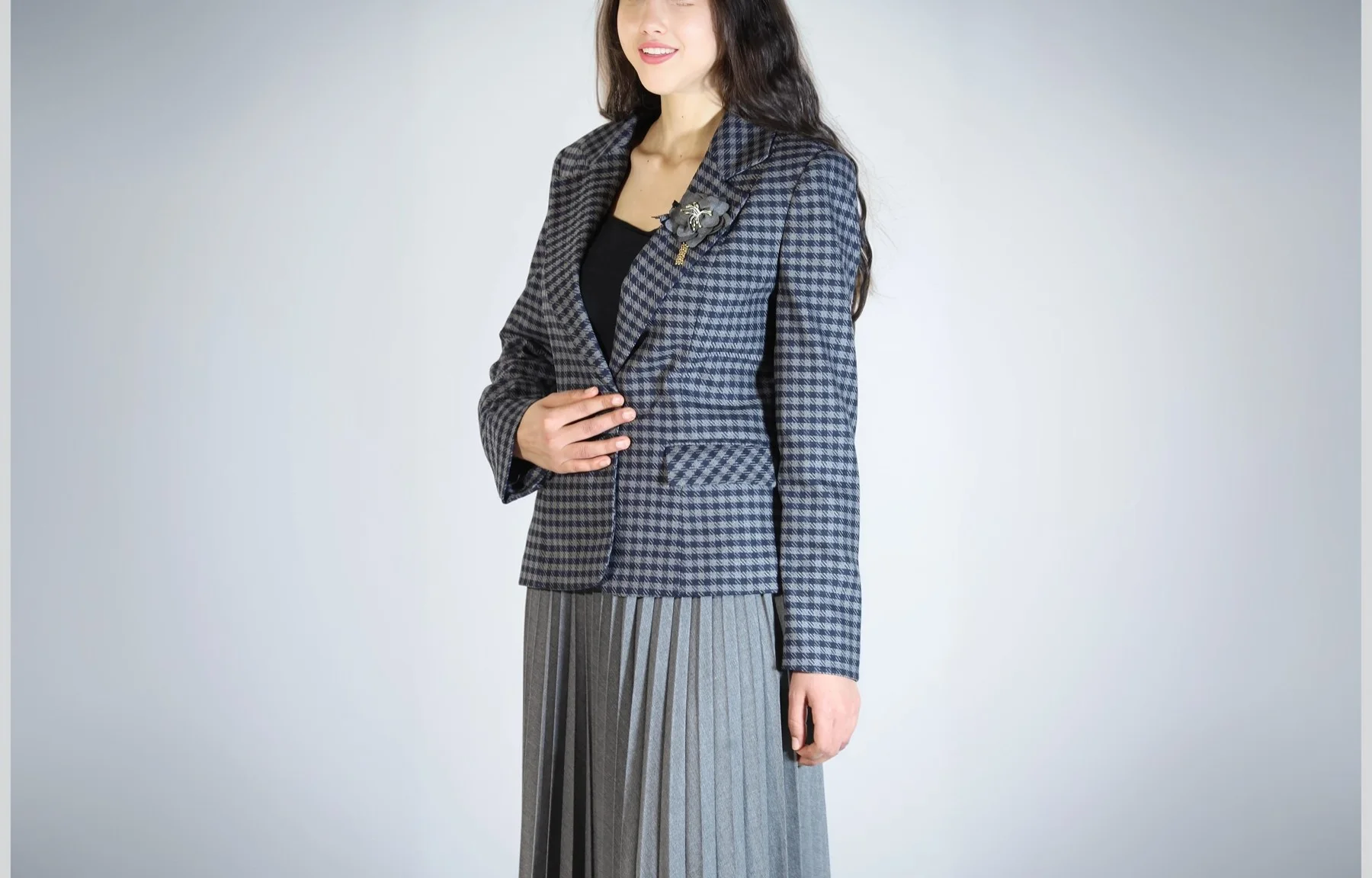 Ensemble - Blazer Carreaux Gris Marine Jupe Plissée Grise