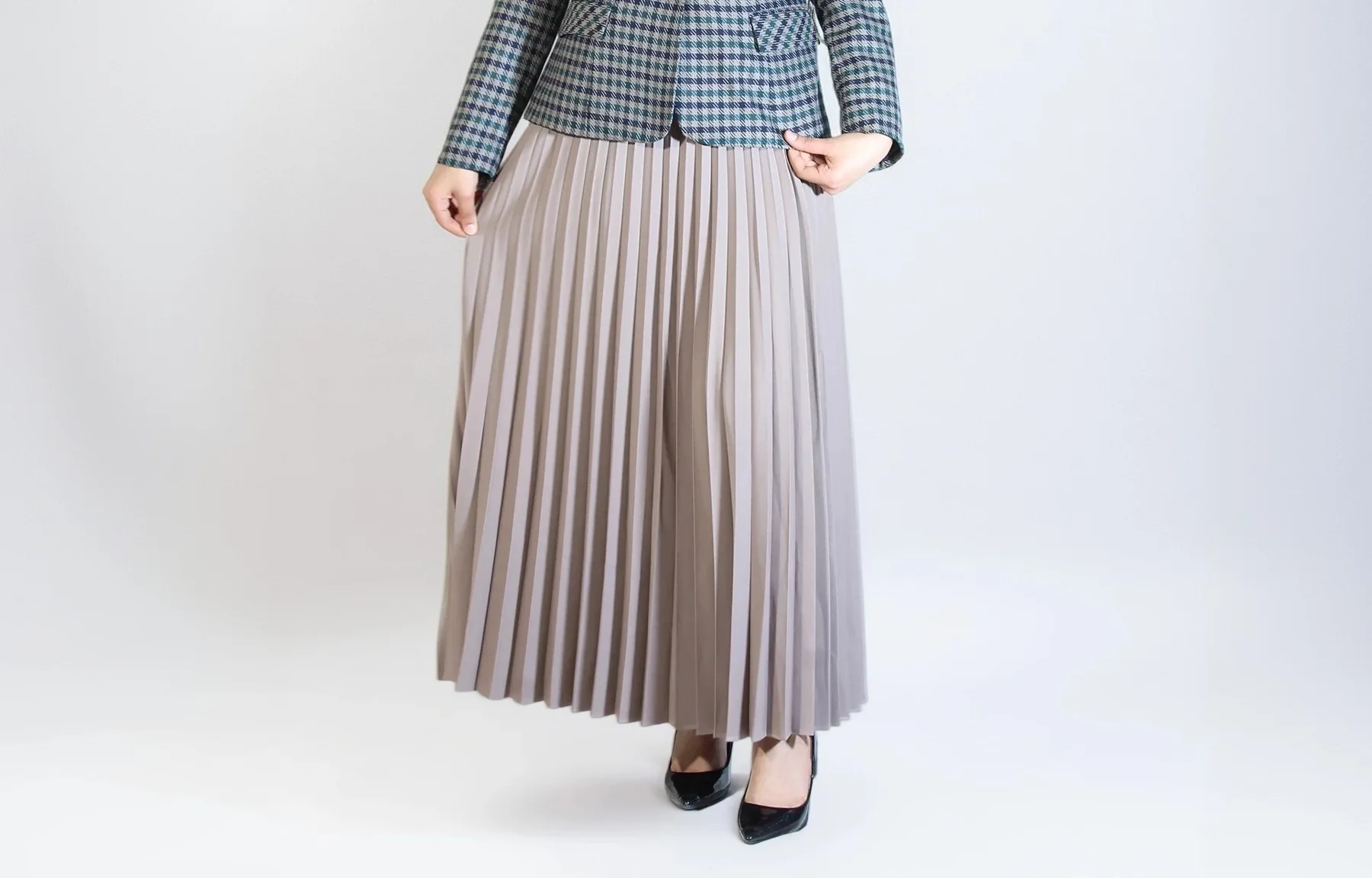 Ensemble - Blazer Carreaux Bleu Canard Jupe Plissée Taupe