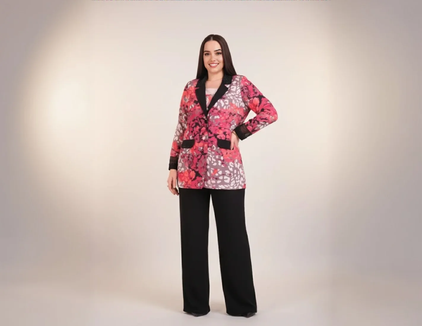 Ensemble 3 Pièces Veste Fleurie Rose Fuchsia Grande Taille