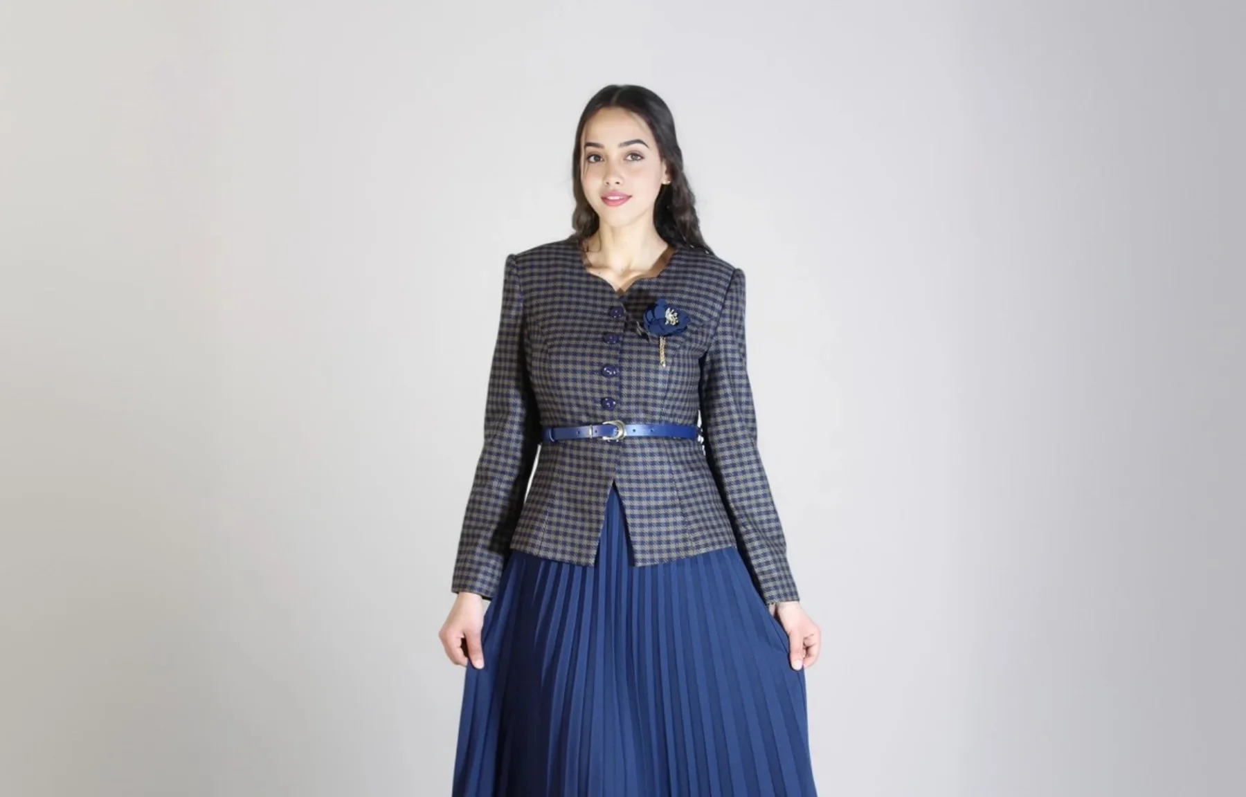 Ensemble - Veste Pied-de-Poule Jupe Plissée Marine