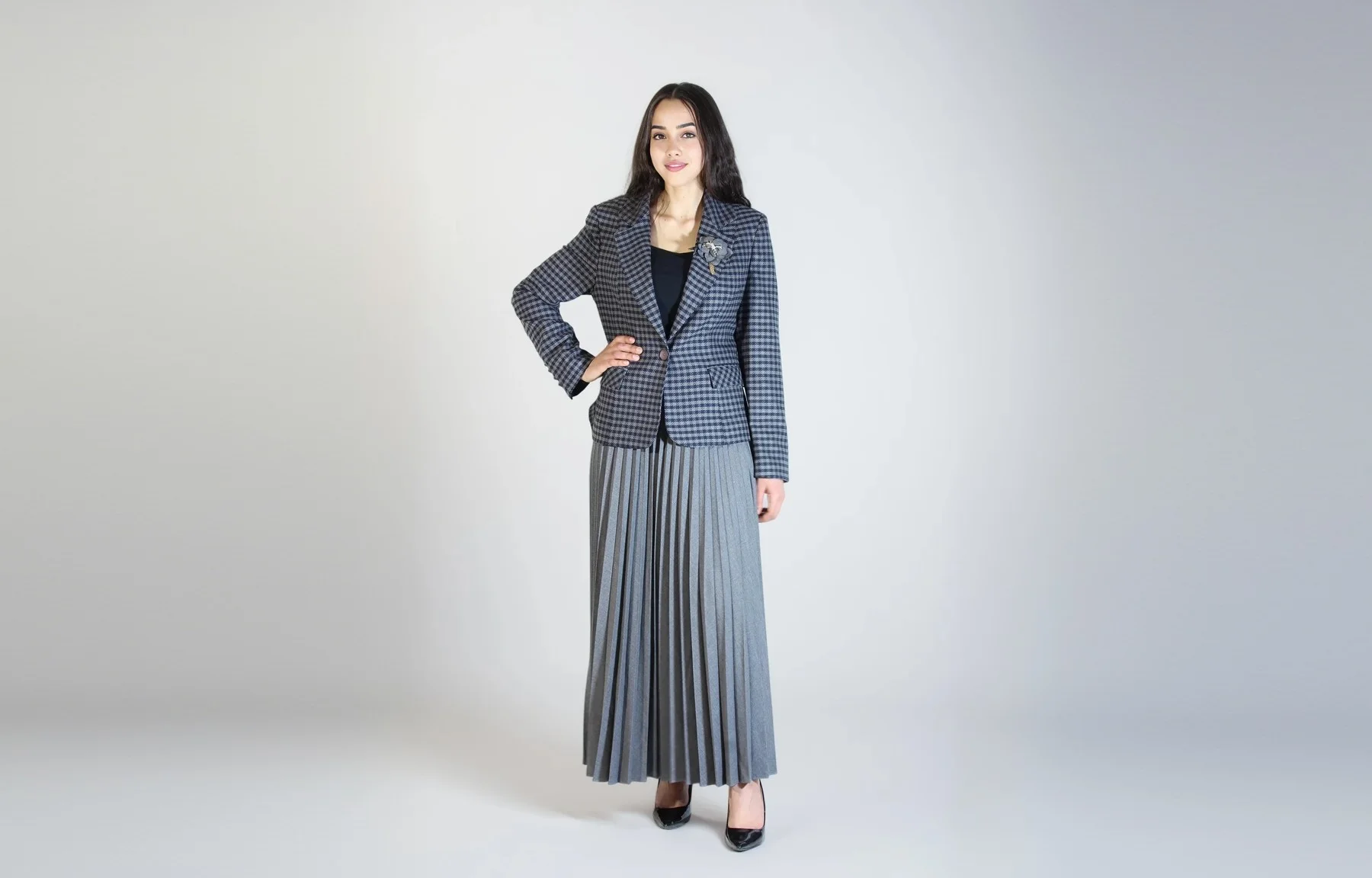 Ensemble - Blazer Carreaux Gris Marine Jupe Plissée Grise