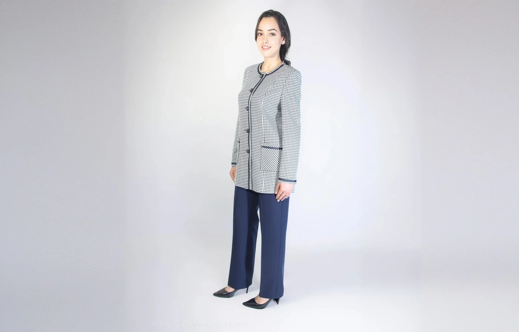 Ensemble Veste Longue Pied-de-Poule Bleu et Blanc